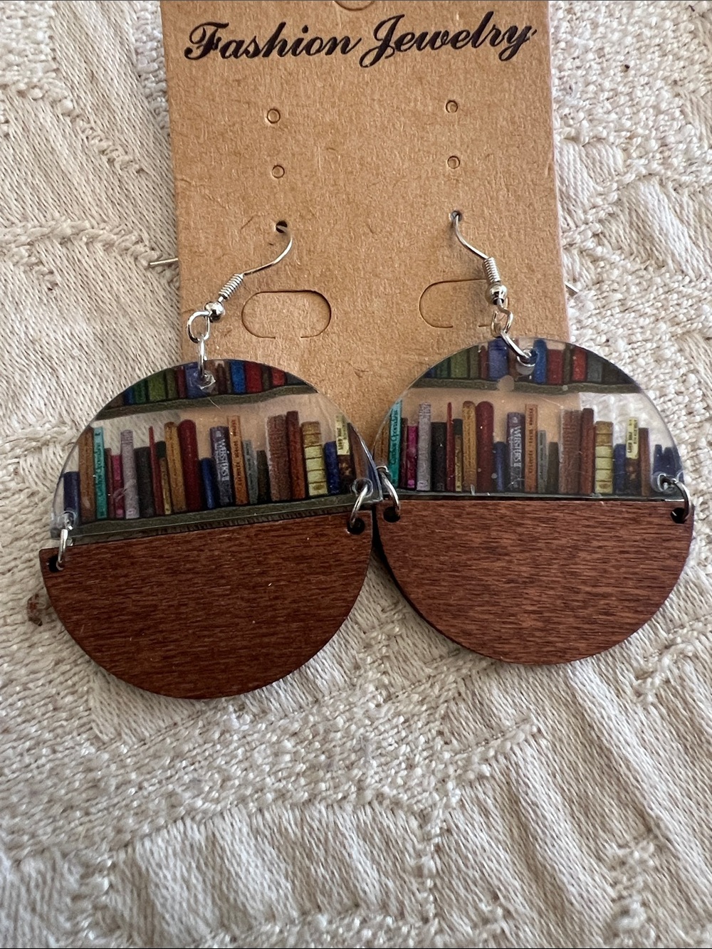 Wood & Book Print Round Dangle Earrings - Brown